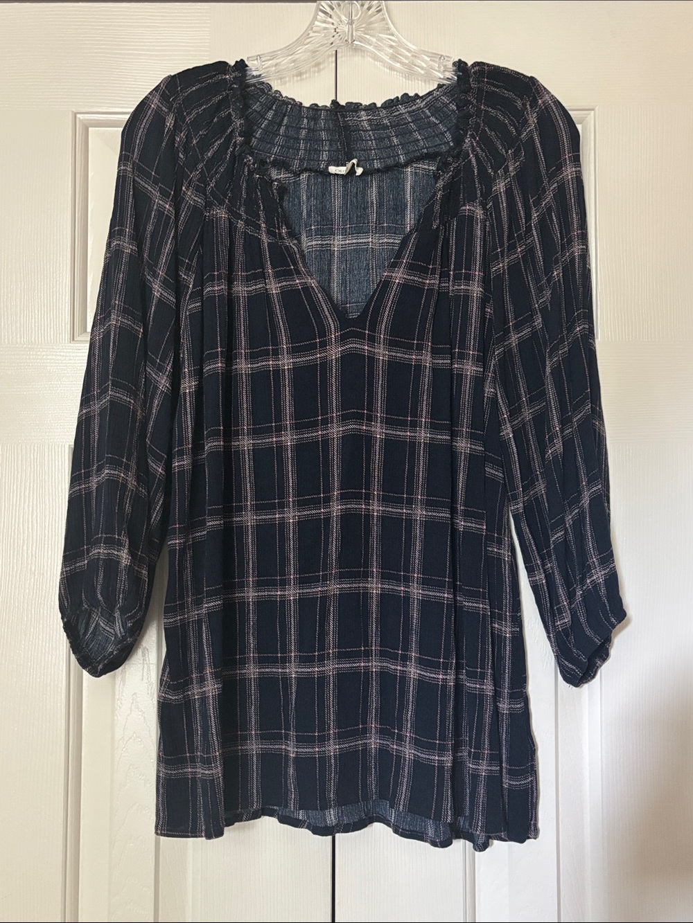 Olivia Grey Navy Plaid Peasant Blouse